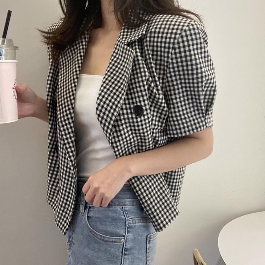 Houndstooth French retro romantic suit jacket  summer thin fashion short ladies casual small suit