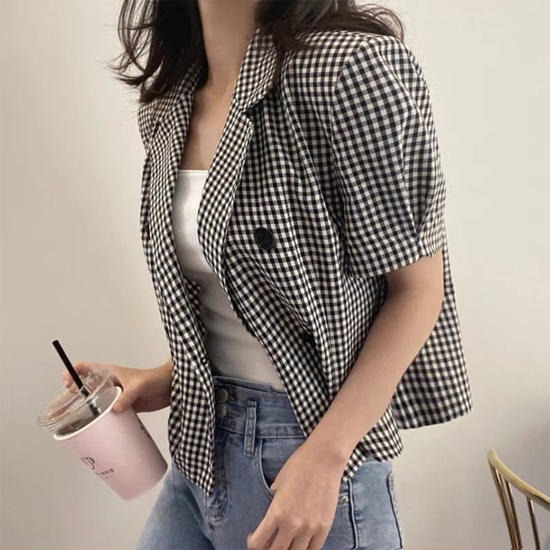 Houndstooth French retro romantic suit jacket  summer thin fashion short ladies casual small suit