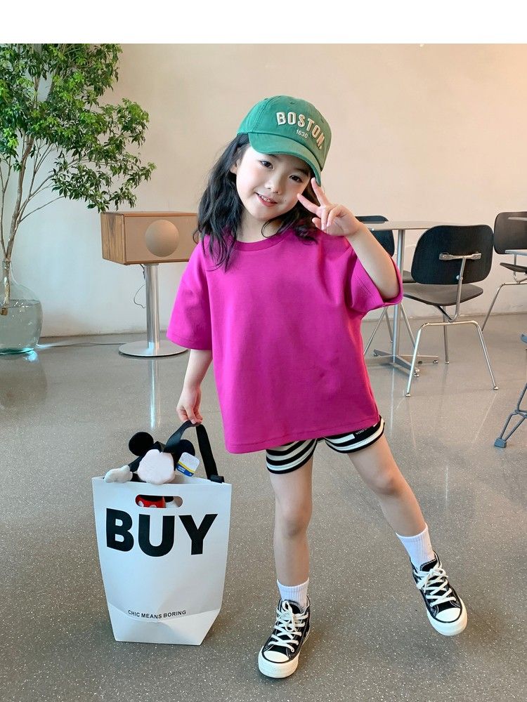 Children's clothing girls' suit 2023 new Korean version of pure cotton t foreign style short-sleeved top children's casual shorts two-piece set