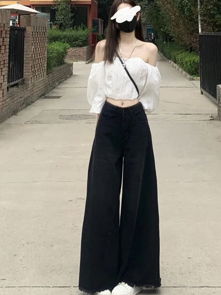 Black jeans women's design sense niche summer loose high waist thin all-match big wide legs raw edge mopping trousers