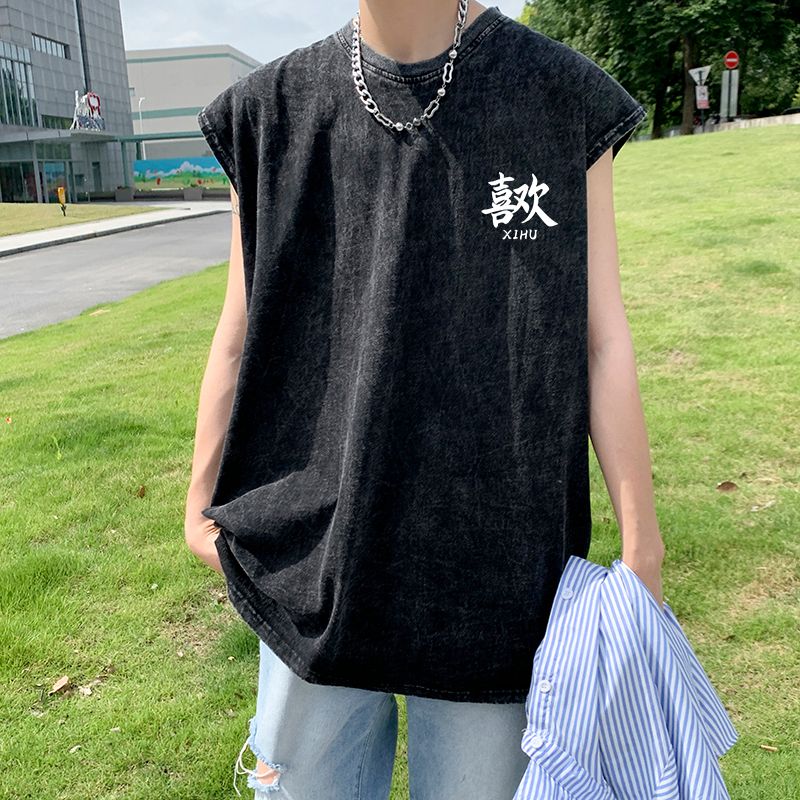 宿跡純棉運動背心男美式水洗做舊休閒oversize寬鬆無袖t恤ins短袖