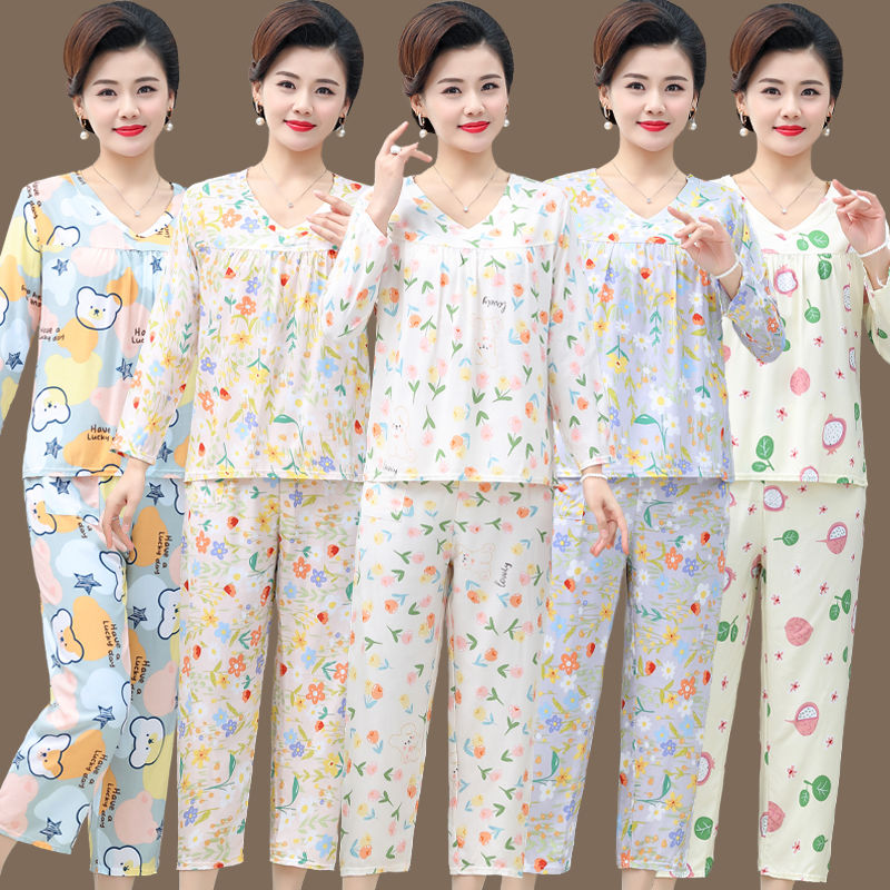 Cotton silk pajamas women's long-sleeved trousers home clothes set middle-aged and elderly mothers wear large size artificial cotton thin home clothes
