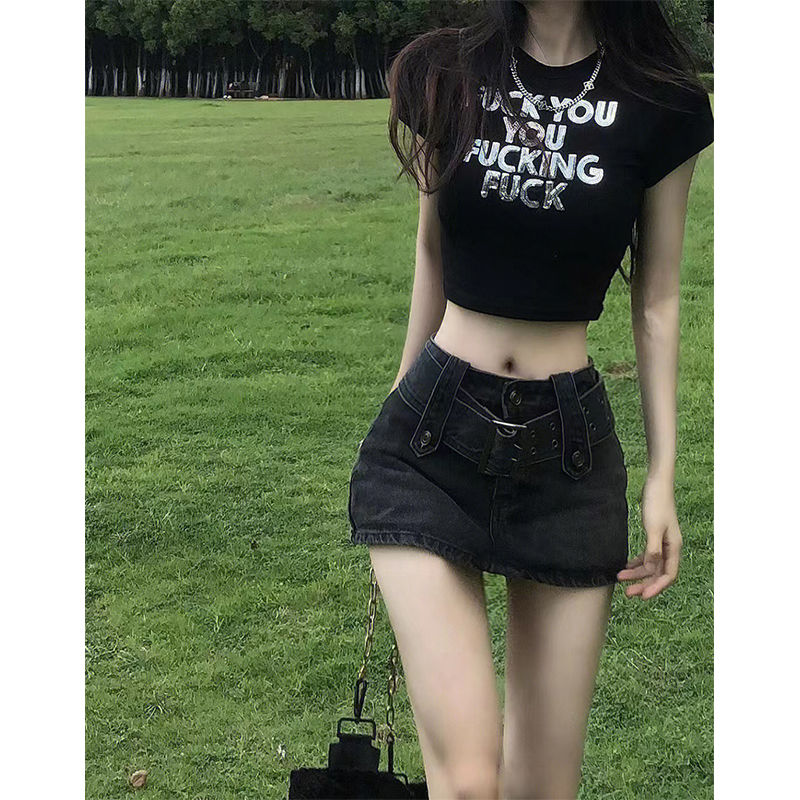 American retro hot girl arm-length miniskirt female small high waist denim skirt anti-skid bag hip skirt hakama