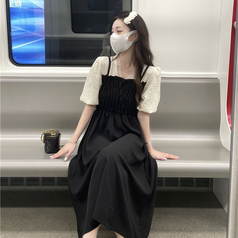 假兩件甜美大碼女裝胖mm收腰連衣裙2023年夏季V領法式氣質設計感