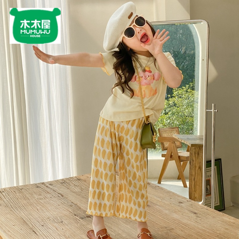 木木屋 女童春夏季套裝新款韓版時髦小童寶寶印花T恤防蚊褲兩件套