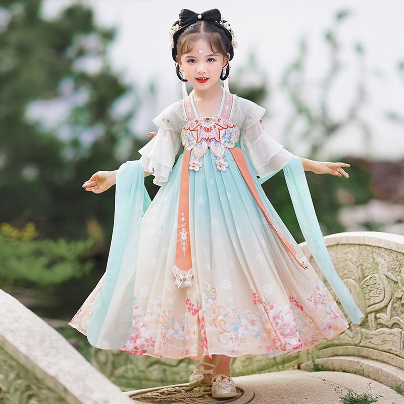 女童漢服中國風連衣裙夏裝兒童古風古裝超仙襦裙12歲小女孩唐裝夏