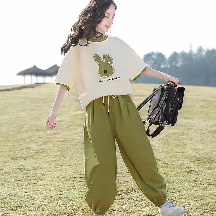 女童短袖2023新款夏裝套裝大童女裝長褲夏季衣服兒童薄款兩件套潮