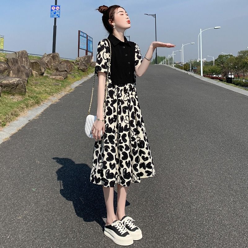 碎花連衣裙女中長款2023新款韓版夏季時尚收腰顯瘦修身女神范拼接