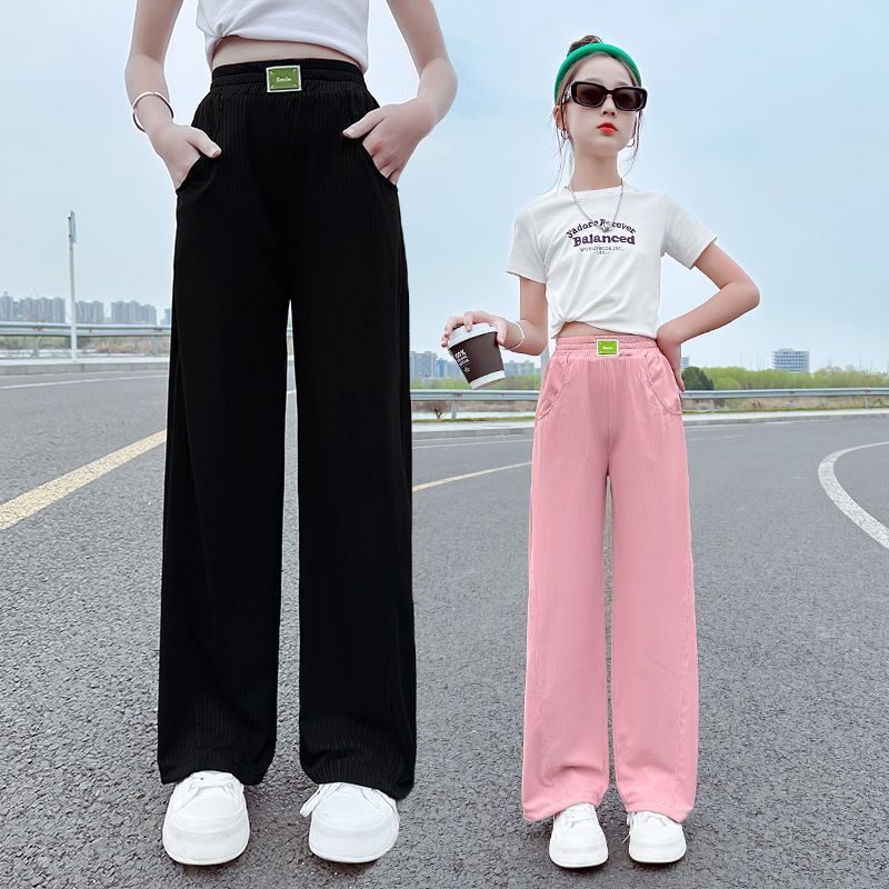女童褲子夏季薄款2023新款大童女孩夏裝洋氣闊腿褲兒童冰絲防蚊褲