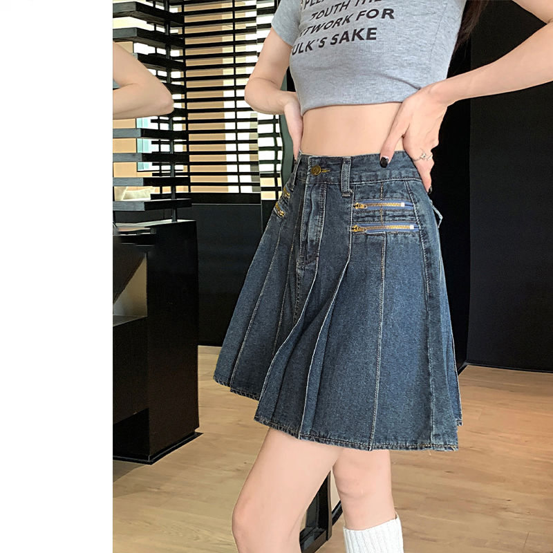 高腰百褶牛仔半身裙女夏季顯瘦遮肚A字大碼設計感復古包臀短裙子