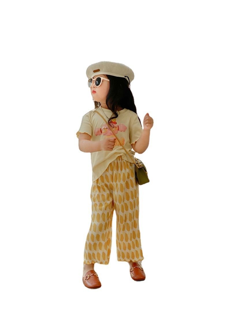 木木屋 女童春夏季套装新款韩版时髦小童宝宝印花T恤防蚊裤两件套