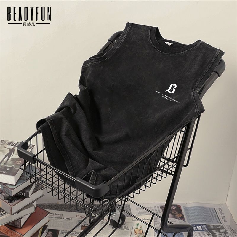 BEADYFUN American washed old t-shirts for men and women summer loose Hong Kong style hip-hop sleeveless t-shirt ins trend