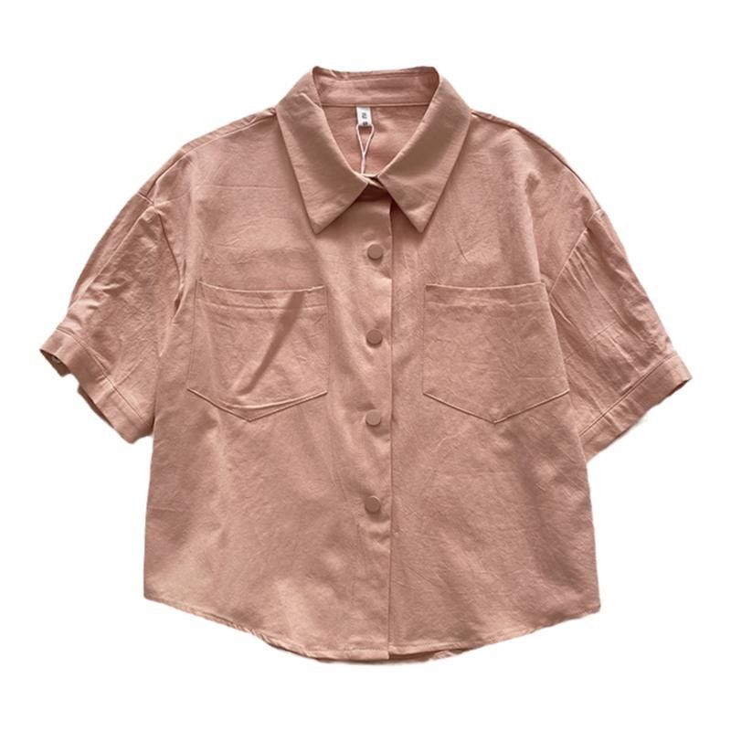 Casual all-match solid color short-sleeved shirt female summer 2023 new Korean version single-breasted POLO collar cardigan shirt