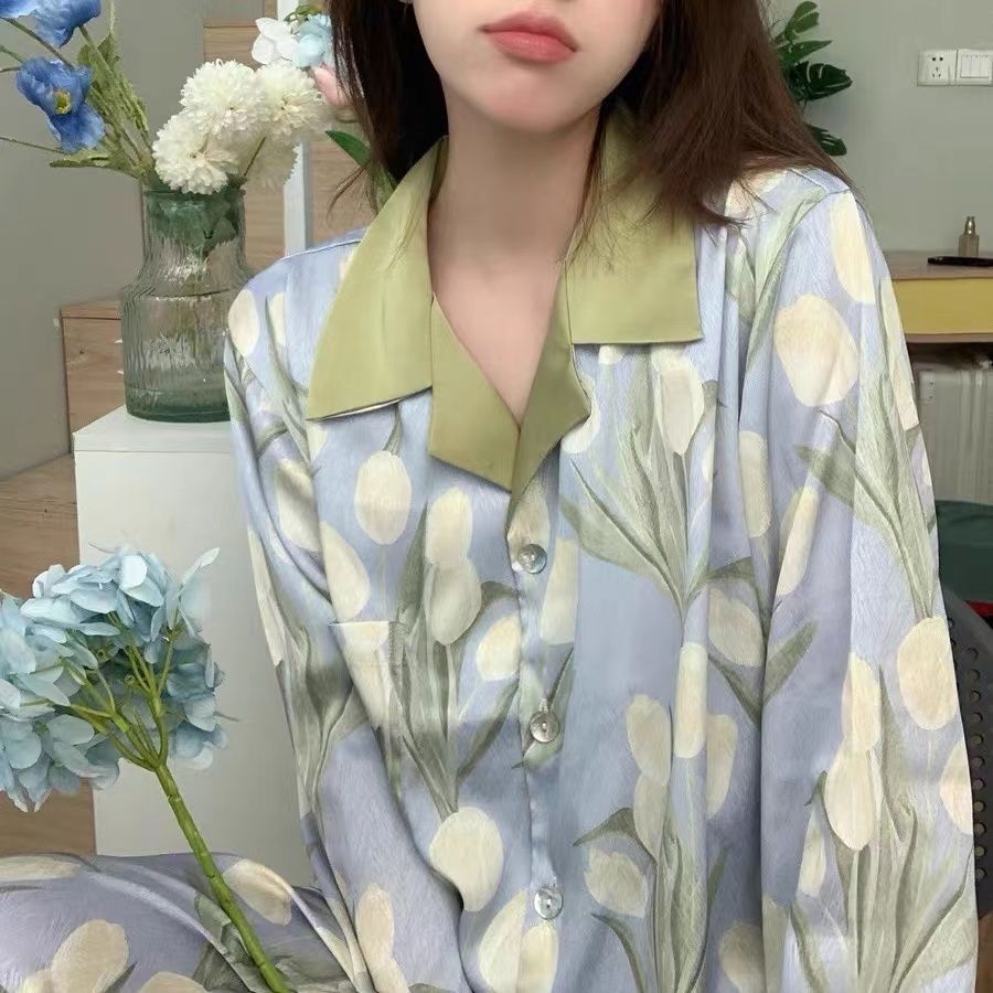 Long-sleeved pajamas women's spring and autumn ice silk loose student cardigan breathable green tulip summer two-piece home service