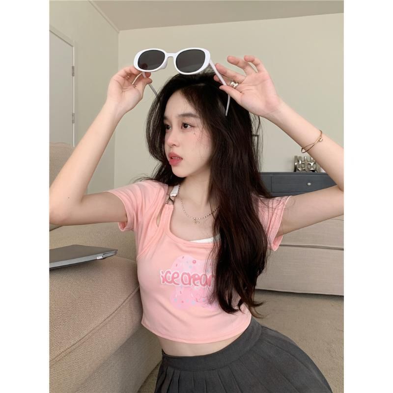 Thin wheat THIN MORE fake two-piece halter neck hot girl top summer pure desire wind self-cultivation sweet and spicy short style all-match trend