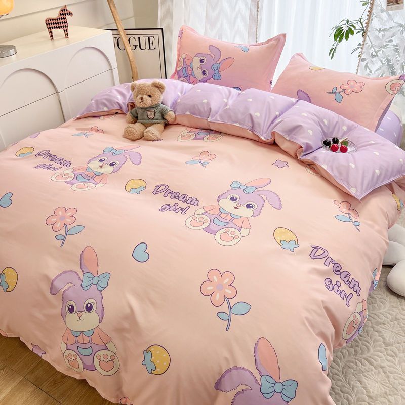 Cream style ins pink bunny washed cotton bed four-piece set for artistic girls cartoon quilt cover dormitory three-piece set