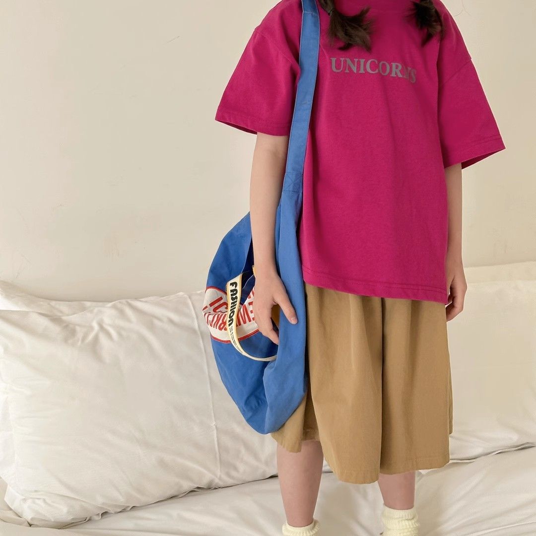 Korean children's short-sleeved T-shirt 2023 summer new girls dragon fruit color foreign style letter cotton loose top