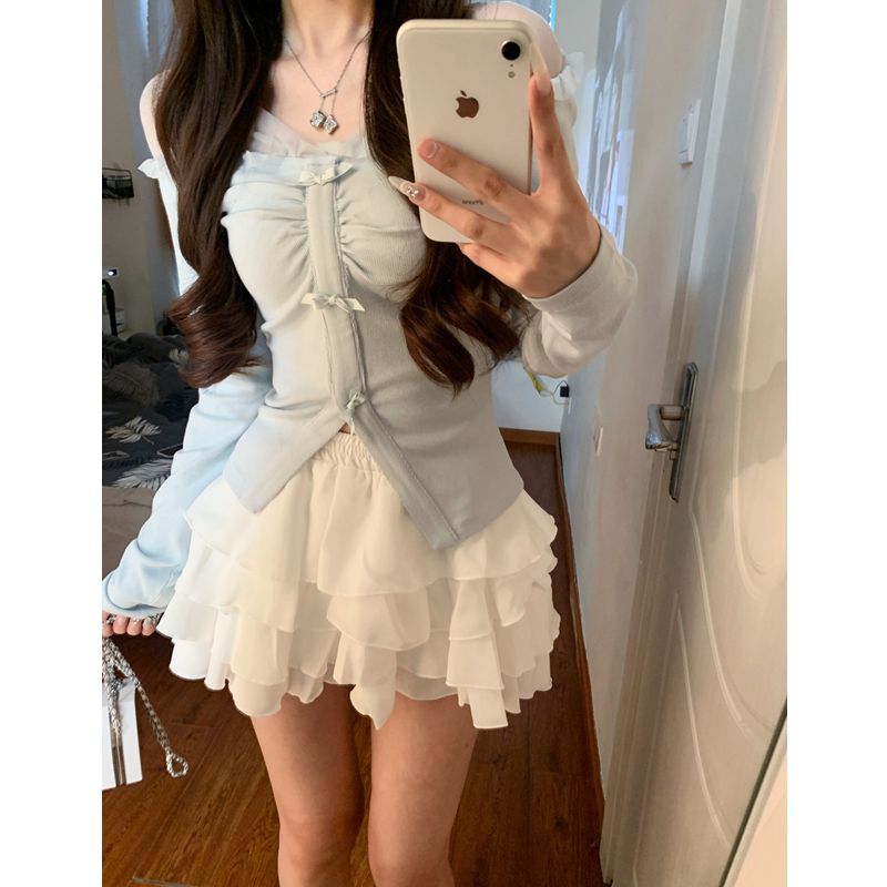 套裝女2023春夏新款甜美設計感拼接長袖T恤高腰顯瘦蛋糕半身裙ins