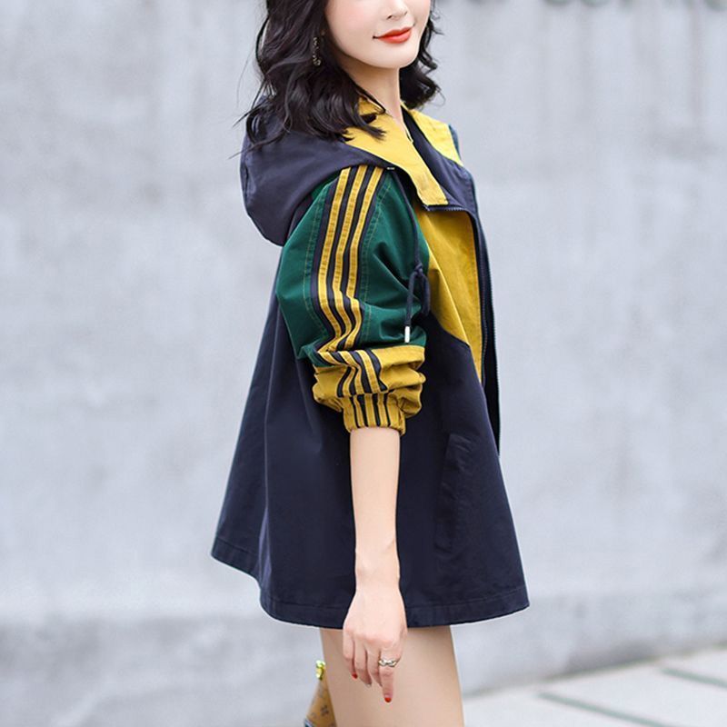 Windbreaker jacket women spring and autumn  new casual fashion all-match trendy loose color contrast hooded color matching top women's fashion