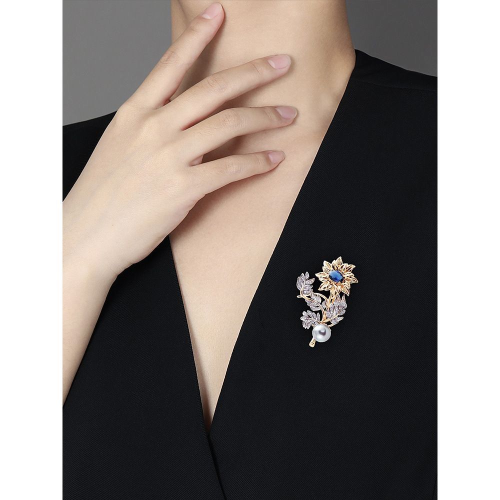 天然珍珠复古梵高向日葵胸针中国风高档气质胸花西装外套精致别针