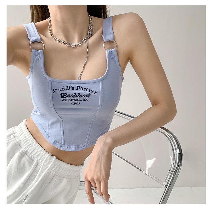 Embroidered new camisole with chest pad women's summer niche design sense of outer wear and inner wear slim sleeveless top women