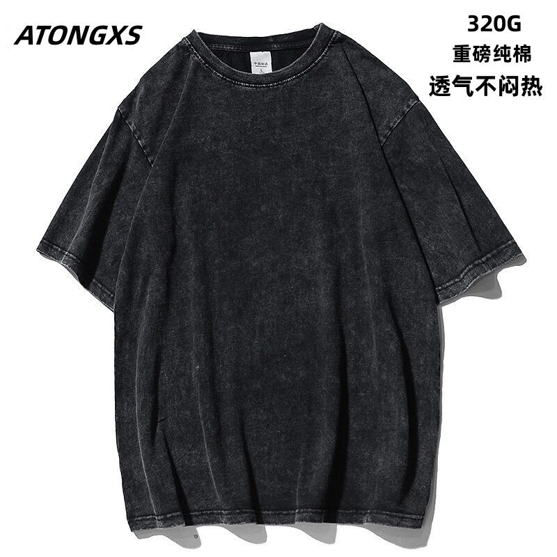 三本針重磅純棉水洗做舊T恤男夏季美式衣服體恤男裝寬鬆潮牌半袖