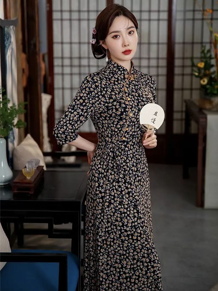 改良旗袍印花連衣裙女2023夏裝新款復古風系帶收腰顯瘦氣質旗袍裙