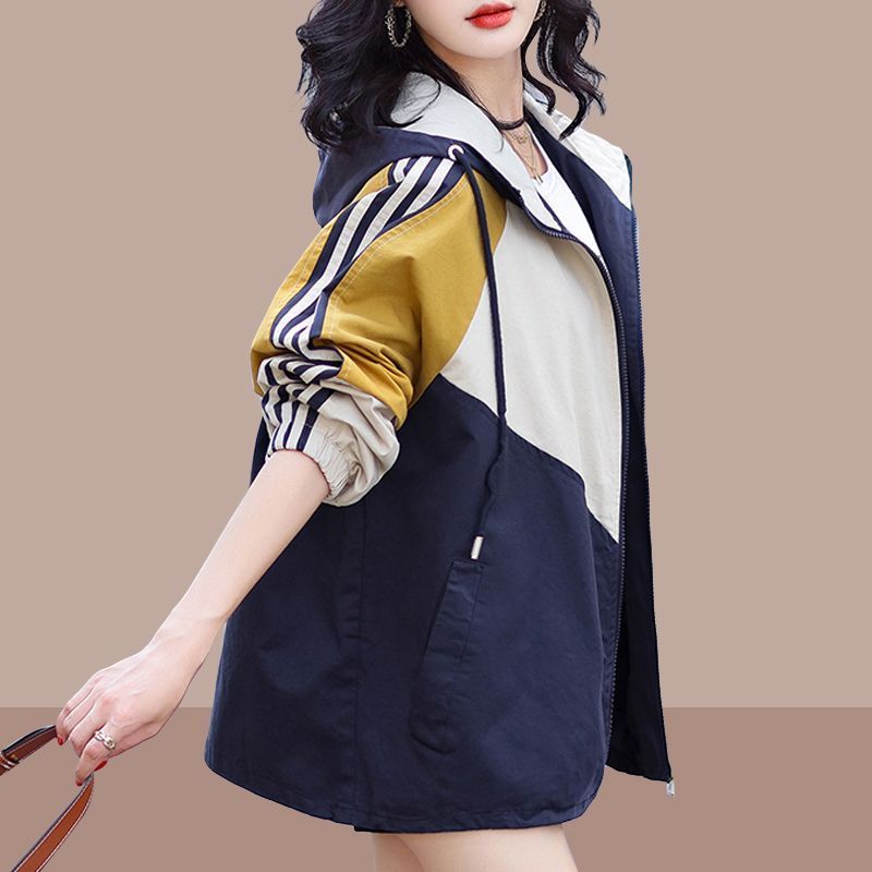 Windbreaker jacket women spring and autumn  new casual fashion all-match trendy loose color contrast hooded color matching top women's fashion