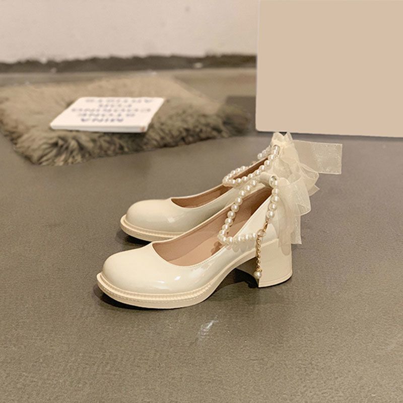 French Mary Jane shoes women's spring 2023 new pearl bow thick-heeled high-heeled sandals fairy wind small leather shoes