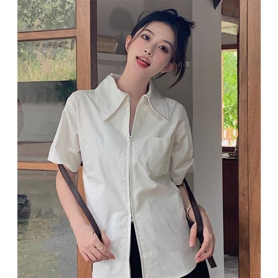 Grigio zipper shirt women's summer design niche lazy style versatile pointed collar short-sleeved white shirt trend