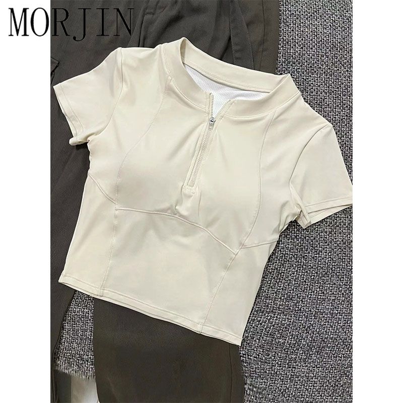 MORJIN design sense sports yoga clothing zipper short-sleeved t-shirt women's summer slim fit tight short top
