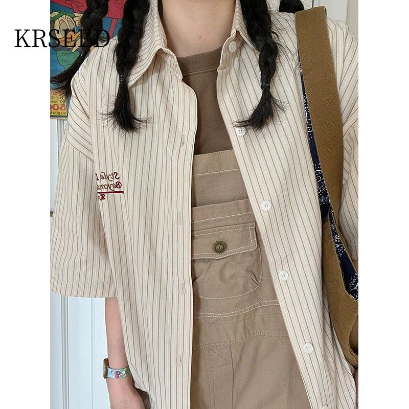 KRSEED國潮條紋短袖襯衫女夏季設計感小眾bf寬鬆慵懶風工裝襯衣