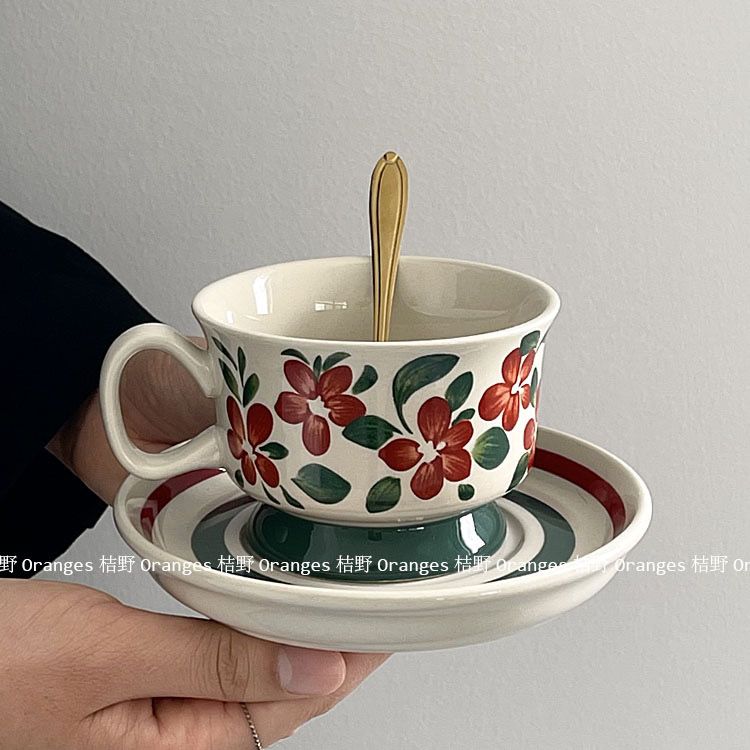送勺*芬兰中古咖啡杯碟复古手绘绿叶红花拿铁杯下午茶宽口宫廷风