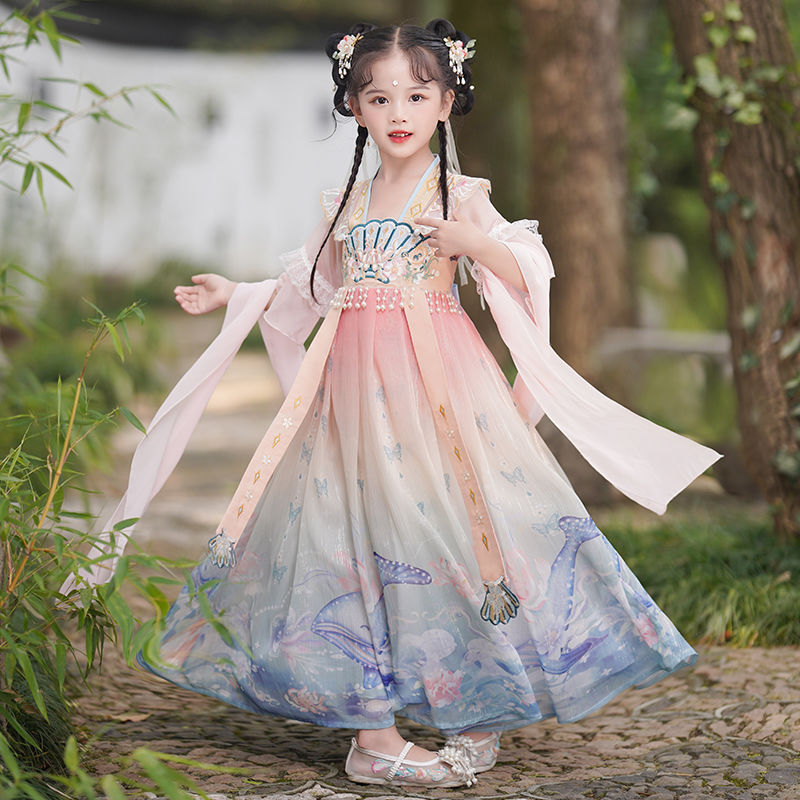 女童漢服夏季2023新款古裝中國風超仙兒童春季女孩古風連衣裙春秋
