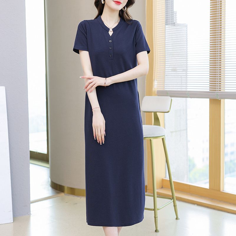 純棉連衣裙長款2023夏季新款淑女高檔洋氣休閒T恤短袖過膝長裙子
