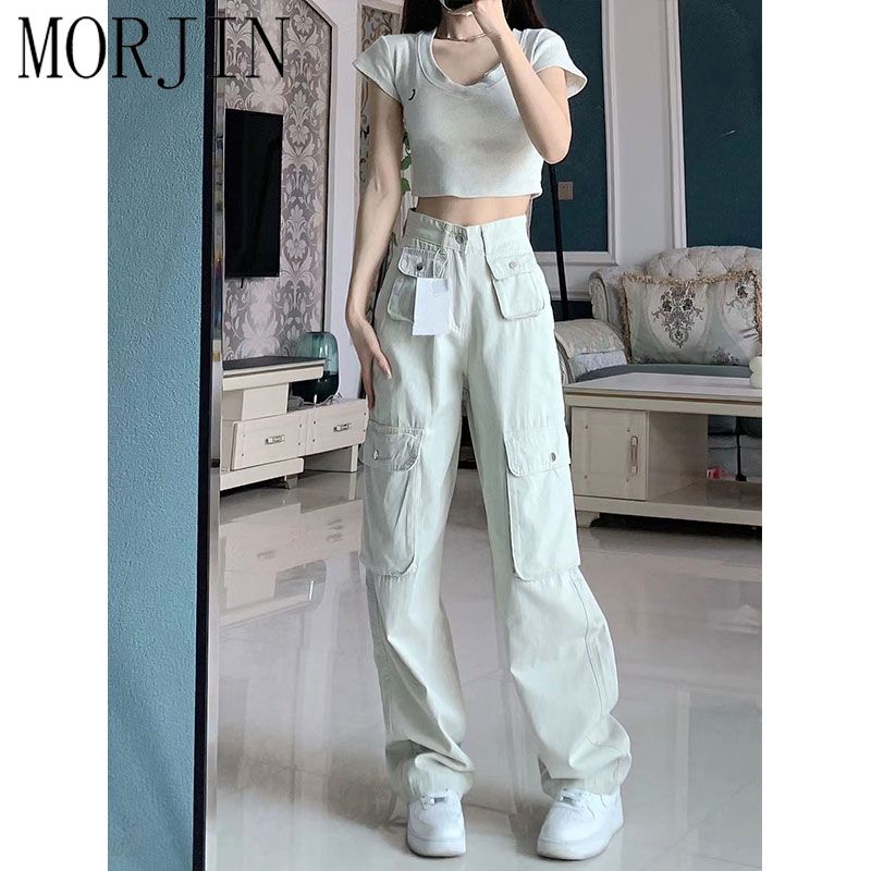 MORJIN American fashion cool design casual overalls women's summer high street hiphop all-match straight wide-leg trousers