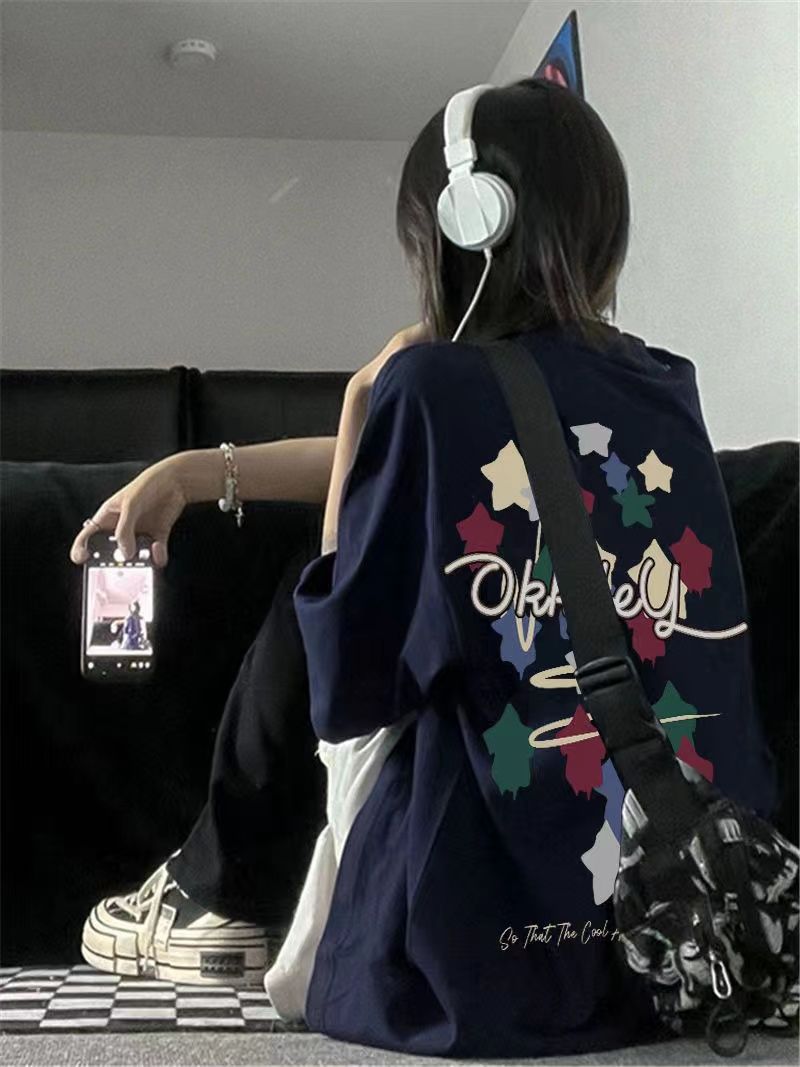 100%純棉美式高街丅恤短袖女夏季韓版原宿風寬鬆學生百搭國潮上衣