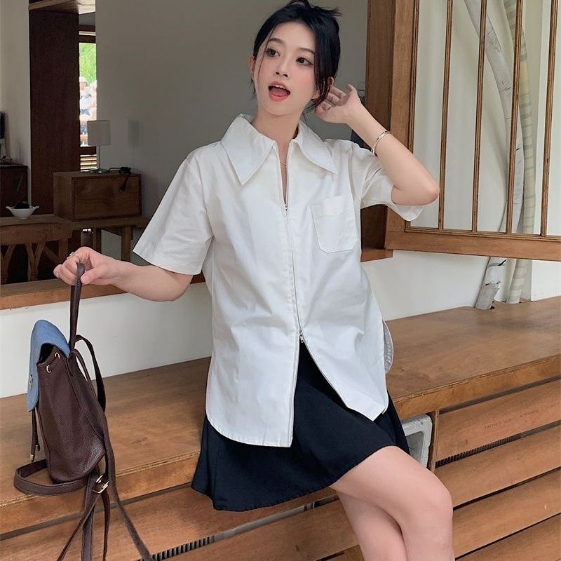 Grigio zipper shirt women's summer design niche lazy style versatile pointed collar short-sleeved white shirt trend