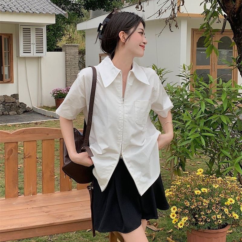 Grigio zipper shirt women's summer design niche lazy style versatile pointed collar short-sleeved white shirt trend