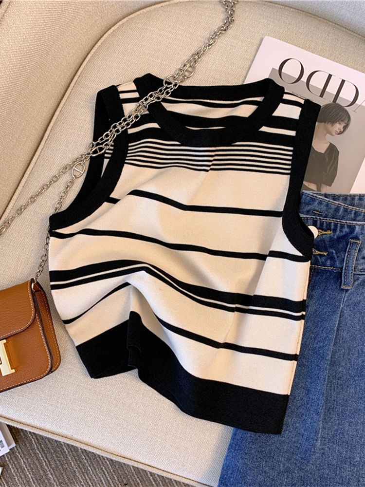 Striped Camisole Ladies Summer Elastic Slim Slim Suit with Round Neck Sleeveless Knitted Bottom Top