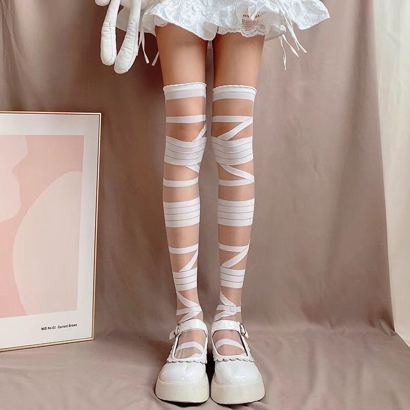 日系jk性感辣妹玻璃丝绷带过膝丝袜洛丽塔透明小腿堆堆袜子女薄款