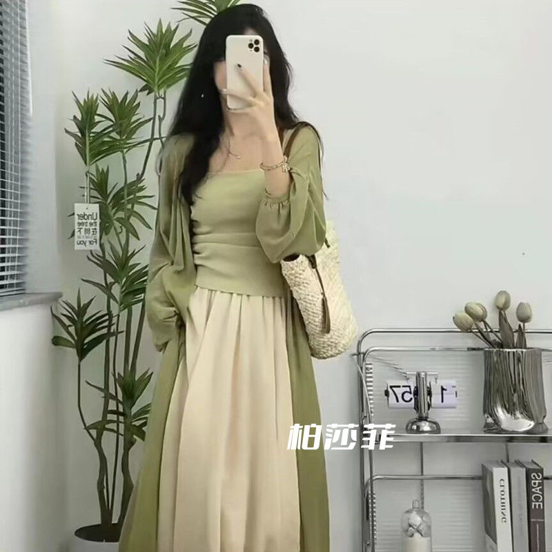 【禪意三件套】防曬開衫+百搭抽褶吊帶背心+仙女春夏溫柔風半身裙