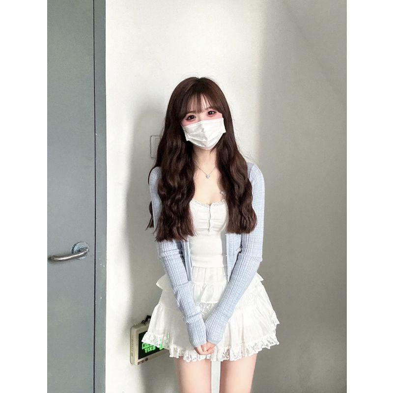 三件套裝女2023春夏新款辣妹修身短款防曬開衫吊帶背心高腰半身裙