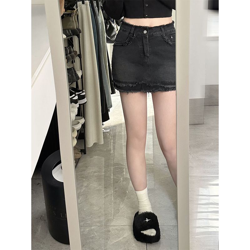 大碼胖mm黑色牛仔短裙女夏季設計感小眾a字毛邊包臀半身裙褲裙子