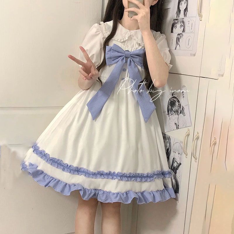 Japanese sweet soft girl bow lolita suspenders dress female student + doll collar shirt two-piece suit