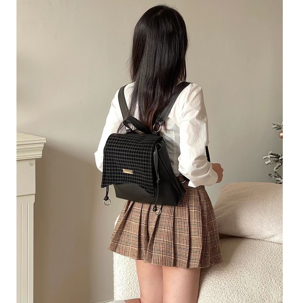 Lu Xiaochuan Original Plaid College Style Backpack Advanced Sensation Spice Girl Soft Leather Large Capacity Flip Cover Drawstring Small School Bag