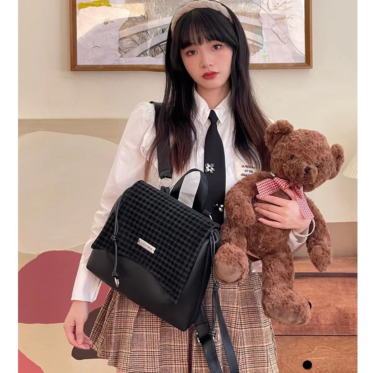 Lu Xiaochuan Original Plaid College Style Backpack Advanced Sensation Spice Girl Soft Leather Large Capacity Flip Cover Drawstring Small School Bag
