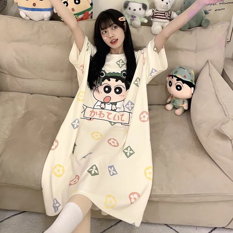 Summer pajamas women's thin section cute crayon Shin-chan nightdress mid-length 2023 summer short-sleeved can be worn outside home clothes