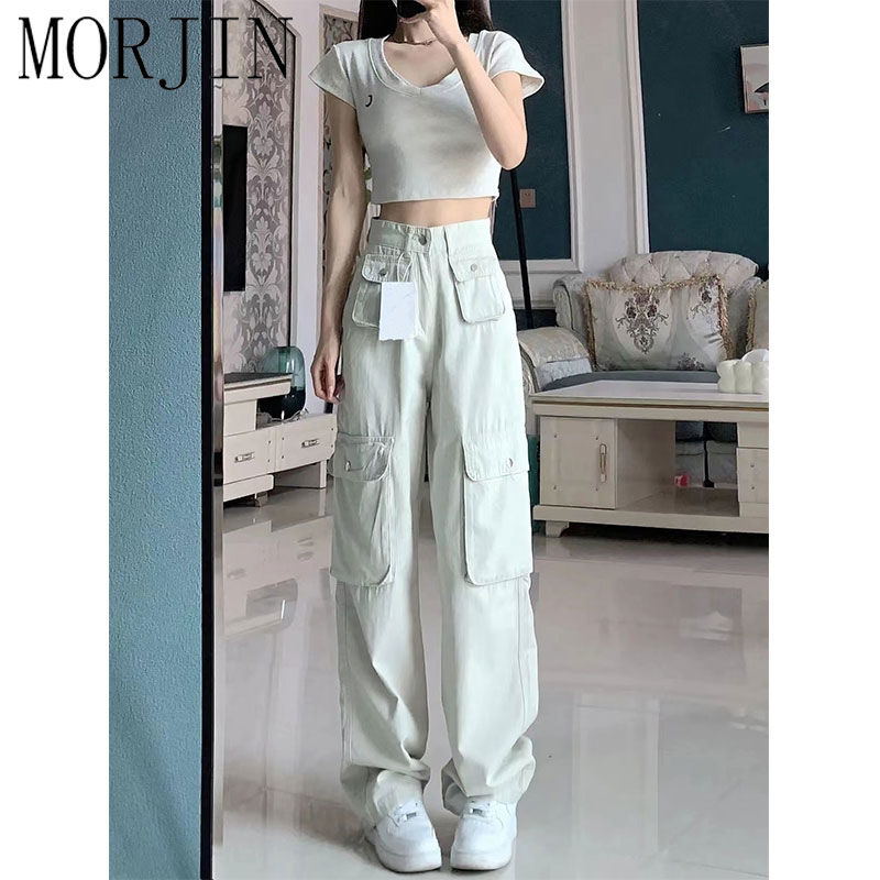MORJIN American fashion cool design casual overalls women's summer high street hiphop all-match straight wide-leg trousers