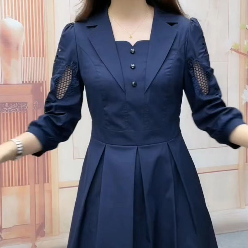 冰絲四面彈氣質連衣裙女2023春夏新款輕奢鏤空繡花七分袖顯瘦裙子